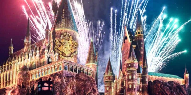 Colorful fireworks behind Hogwarts Castle