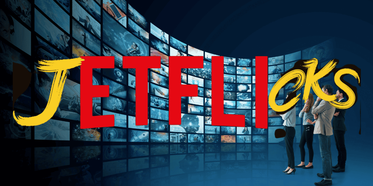 A large, bold text "JETFLICKS" in red with the letters "L" and "I" altered to spell "FLICKS," partially overlaying each other in yellow. The background shows multiple screens with various images, hinting at the illegal streaming service. Three people stand with their backs turned, observing the screens.