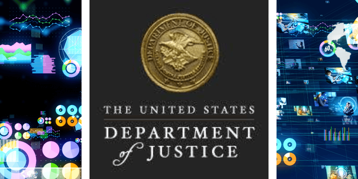 The image shows the emblem of the United States Department of Justice centered on a dark grey background. The emblem is a gold seal featuring an eagle, with text below it that reads "THE UNITED STATES DEPARTMENT OF JUSTICE" in white capital letters—highlighting their role in cases like Jetflicks' illegal streaming convictions.