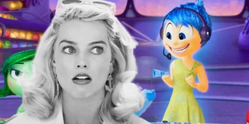 A composite image showing a black-and-white photo of a woman with blonde hair and a surprised expression on the left, and a colorful animated scene from "Inside Out 2" on the right, featuring Joy, a cheerful character with blue hair and a yellow dress.