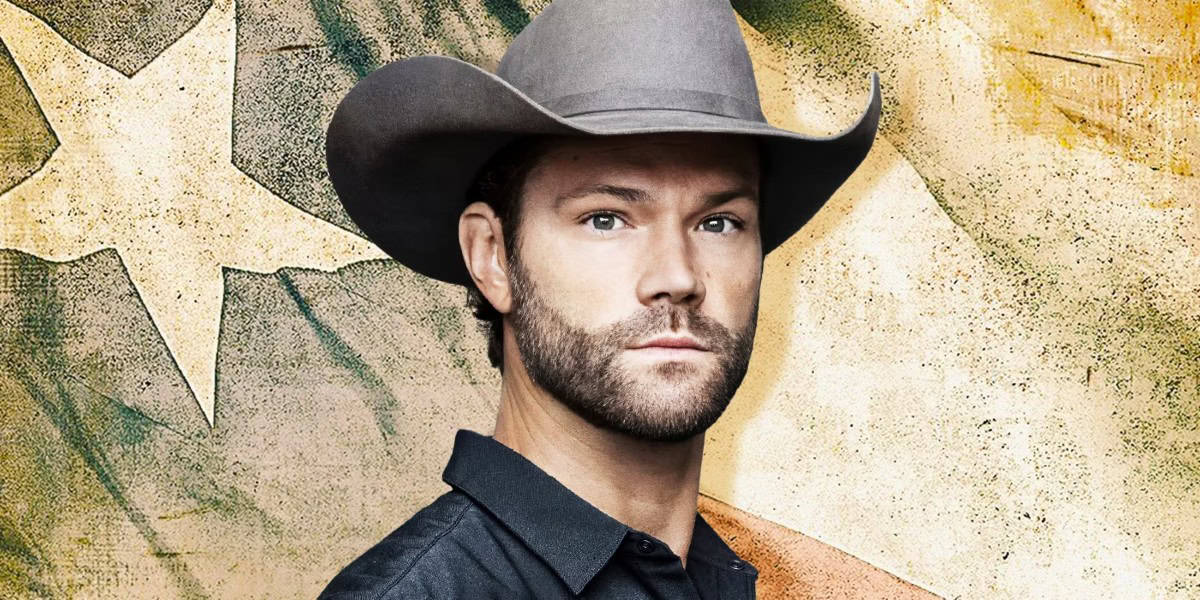 A person with a serious expression is wearing a brown cowboy hat and a dark shirt. The background features a stylized, weathered Texas flag, with visible stars and faded colors.