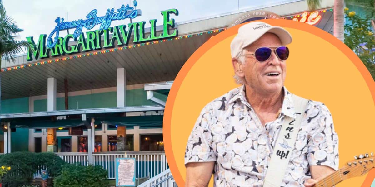 The image features the exterior of a Margaritaville restaurant at Universal Orlando, with a colorful sign reading "Jimmy Buffett's Margaritaville." Overlaid is a circular inset showing an older man with white hair wearing sunglasses, a white cap, and a patterned shirt while holding a guitar.