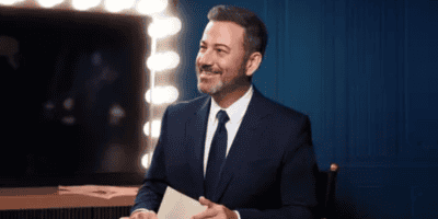 A man in a dark suit sits in a well-lit room holding a piece of paper. He has short hair and a beard, smiling as he looks slightly off-camera, reminiscent of Jimmy Kimmel on his late-night talk show. The background features a mirror framed with light bulbs.