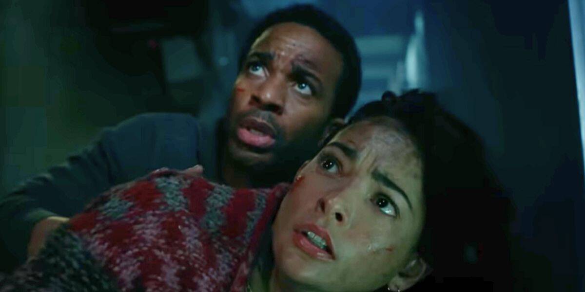 Two characters facing the Allosaurus in the 'Jurassic World' short film 'Battle at Big Rock'