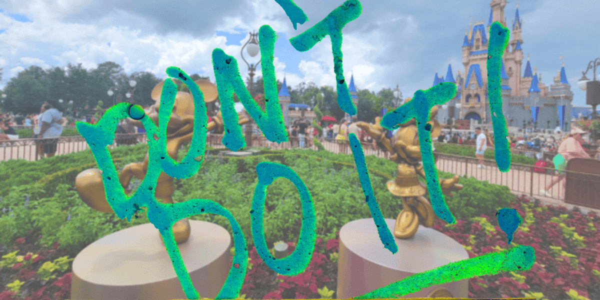 A vibrant amusement park scene is overlaid with bright green graffiti text reading "DON'T DO IT!". The background features cheerful gold sculptures, crowds of people on their trips, and a fanciful castle under a partly cloudy sky reminiscent of Disney World.