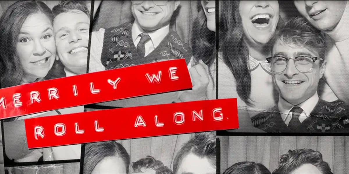 Lindsay Mendez, Jonathan Groff, and Daniel Radcliffe in an ad for "MERRILY WE ROLL ALONG." 