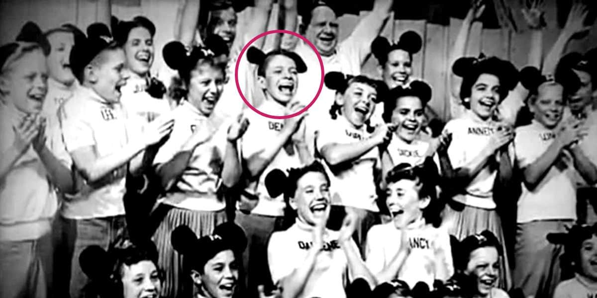 Dennis Day, an original Disney Mouseketeer, circled in a black and white photograph.