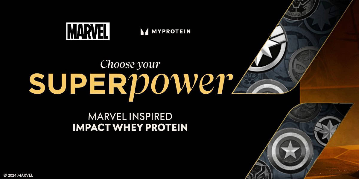 A black poster with the Marvel and MyProtein logos at the top. The text reads "Choose your SUPERpower" followed by "Marvel Inspired Impact Whey Protein." A design featuring superhero symbols is on the right side of the poster. © 2021 Marvel.