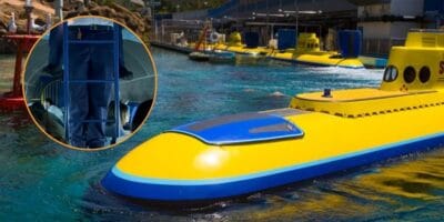 Finding Nemo Submarine Voyage at Disneyland Park, with an image of the ride operators overlayed in the lefthand corner.