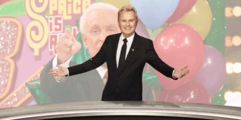 A man in a black suit stands smiling with open arms behind an illuminated podium. In the background, another older man is pictured, pointing, with colorful balloons and festive imagery that includes the text "Price is Right." This wild tradition has captivated millions of fans over the years.