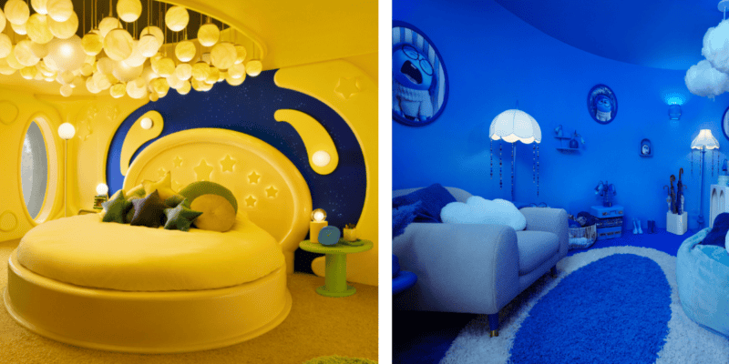A split image shows two distinct rooms. The left side features a vibrant yellow bedroom with a circular bed, star decorations, and hanging lights. The right side displays a cozy blue-themed living room with plush furniture, cloud decorations, and ambient lighting.