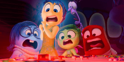 The animated characters Joy, Sadness, Disgust, Fear, and Anger from Disney's "Inside Out" display worried expressions as they look at a control panel filled with buttons. Each character's unique color and design reflect their respective emotions.