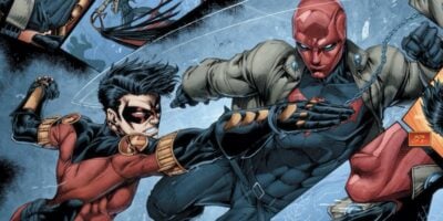 Tim Drake's Red Robin (left) throwing a punch towards Jason Todd's Red Hood (right) from DC Comics