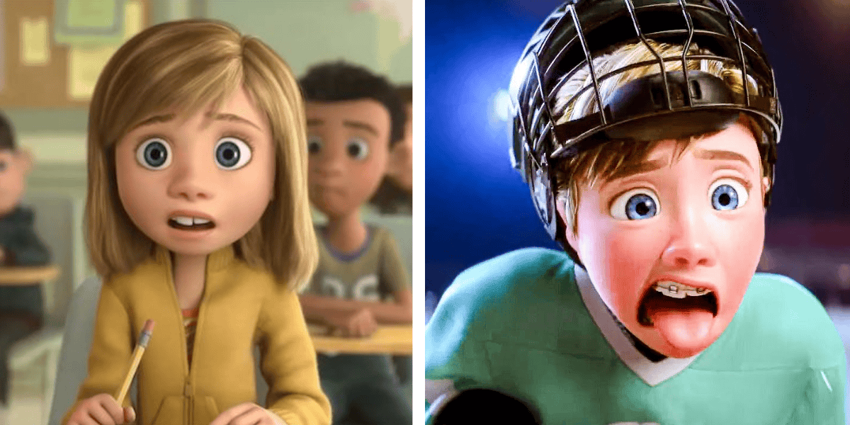 Split image showing two scenes of animated character Riley from "Inside Out." Left: Riley, sitting in a classroom, looks surprised with wide eyes, holding a pencil. Right: Riley wears a hockey helmet, sticks her tongue out, and appears focused and intense.