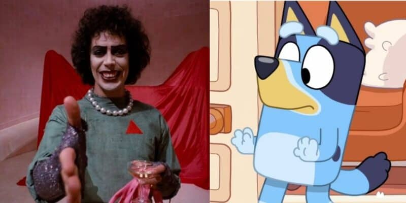 The image is a side-by-side of two visuals. On the left is a person dressed in green with heavy makeup, dark curly hair, and a mischievous smile, wearing a pearl necklace and holding a glass of champagne, reminiscent of Rocky Horror. On the right is an animated blue dog character looking surprised.