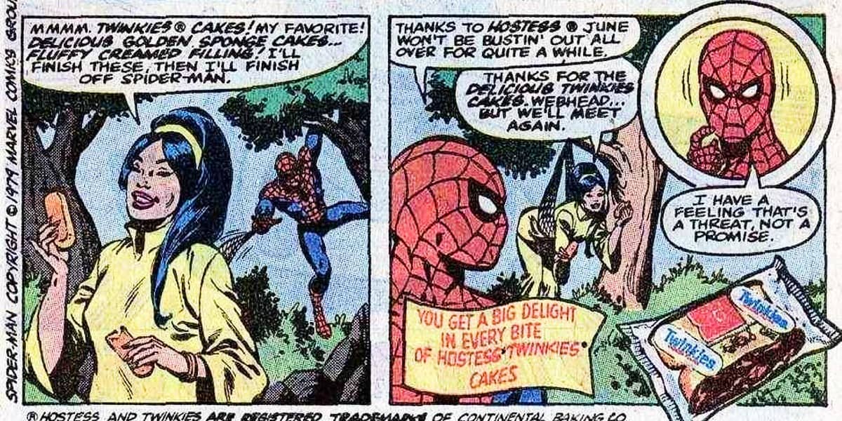A comic panel shows Spider-Man thwarting a woman's sinister plan with Hostess Twinkies Cakes. The woman, wearing a yellow jacket, is tied to a tree as Spider-Man eats a Twinkie. She warns him they will meet again, while he enjoys the snack. Hostess Twinkies are depicted.