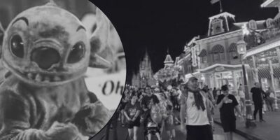The Disney character Stitch next to a crowd on Main Street, U.S.A. at Disney World. The images have both been turned black and white.