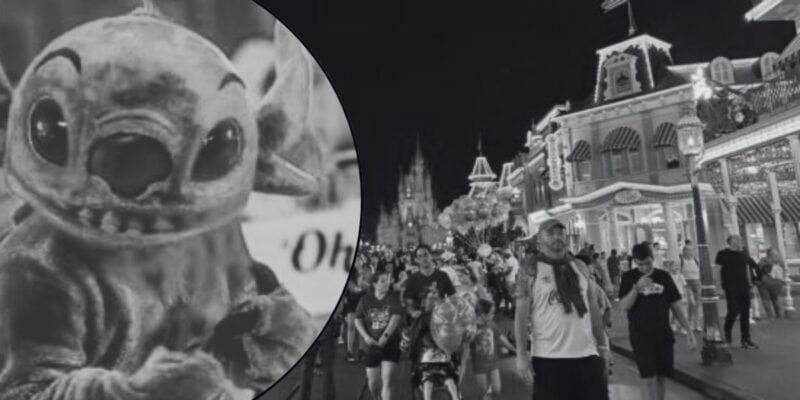 The Disney character Stitch next to a crowd on Main Street, U.S.A. at Disney World. The images have both been turned black and white.