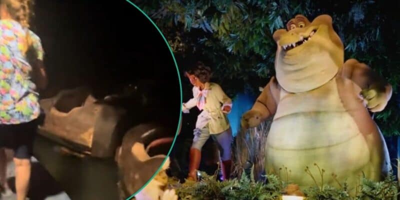 Guests evacuating Tiana's Bayou Adventure pictured next to Princess Tiana and Louis animatronics on the ride.