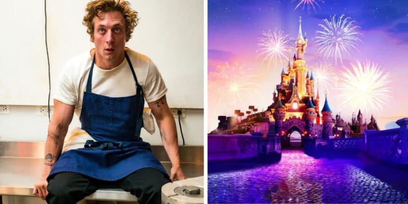 A man wearing a white shirt and blue apron sits on a counter, looking surprised or concerned. Next to him is an image of a fairy tale castle at night, illuminated with colorful lights and fireworks in the sky, evoking the magic of a Disney experience.