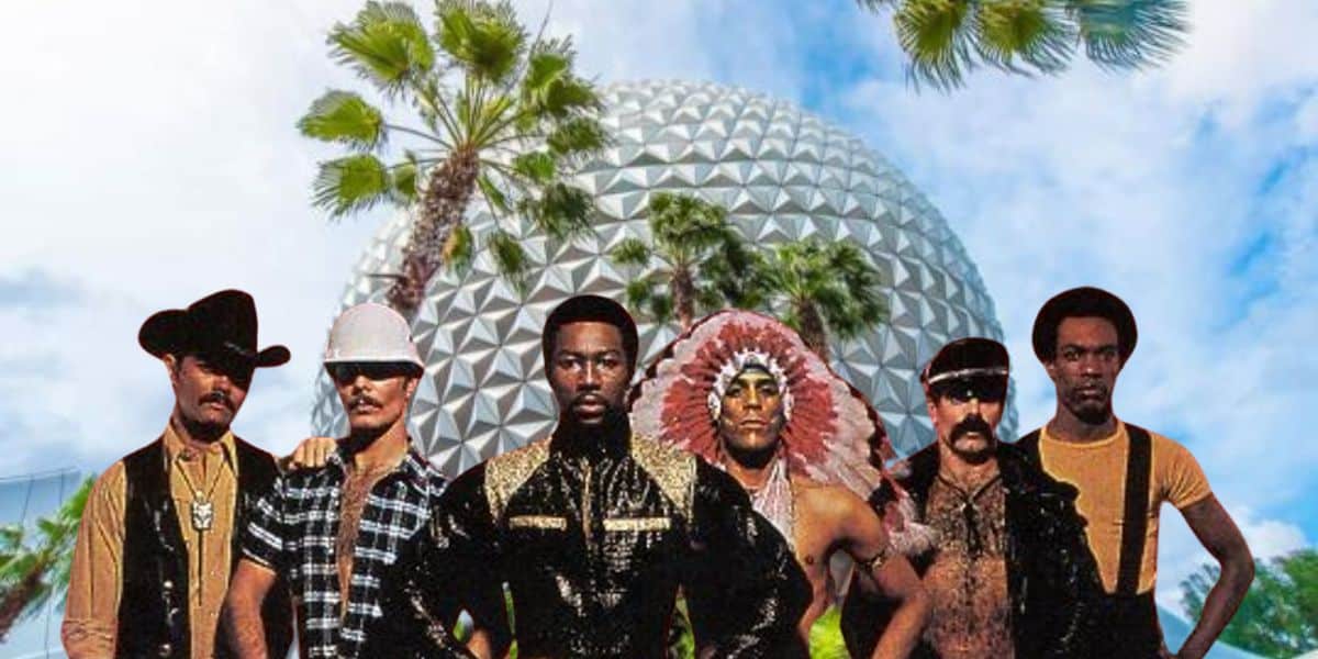 The Village People superimposed against EPCOT at Disney World.