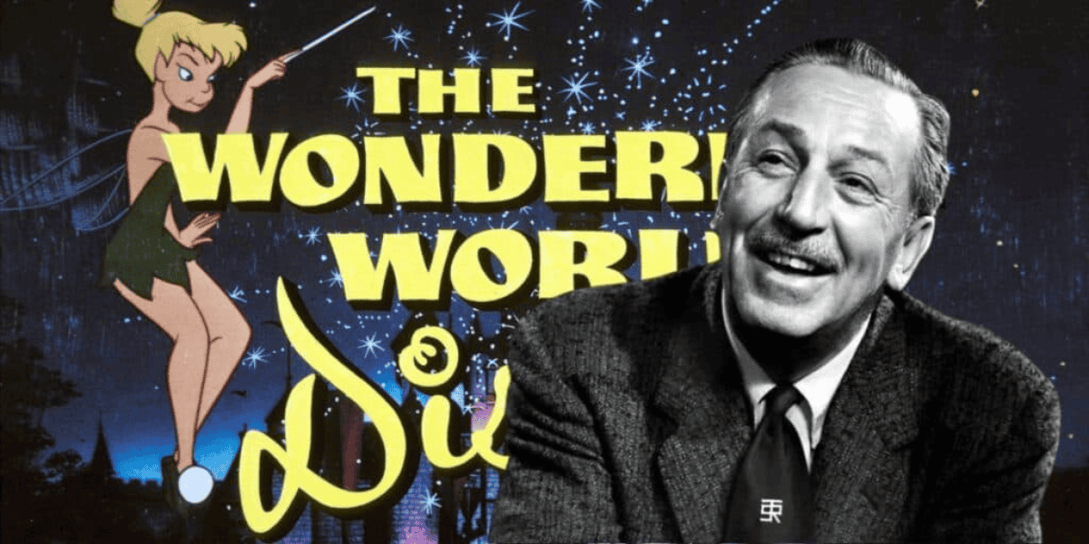 A black and white photo of an older man with a moustache in a suit and tie smiling, placed in the foreground. In the background is an illustrated image of Tinkerbell with a wand and the text "The Wonderful World of Disney" in bold, yellow letters against a starry night sky, highlighting the development of Disneyland.