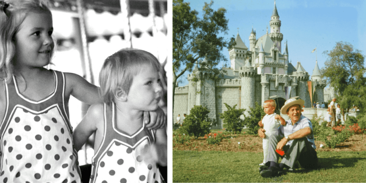 The image consists of two side-by-side photos. The left, in black and white, depicts two children in matching polka dot outfits. The right, in color, shows a man wearing a hat sitting on grass with a child on his lap in front of a castle at Disneyland, likely enjoying special privileges.