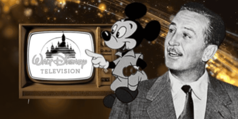 A vintage television with the "Walt Disney Television" logo is displayed. A classic Mickey Mouse cartoon character points at the TV. Next to Mickey stands a black-and-white photograph of a man in a suit and tie, showcasing Disneyland's grand opening. The background features abstract golden lights.
