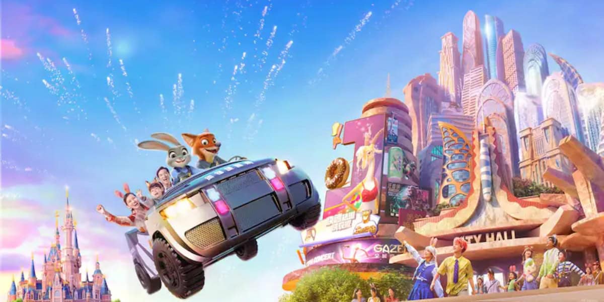 Animated characters from "Zootopia," including Judy Hopps and Nick Wilde, drive a car through a colorful cityscape.