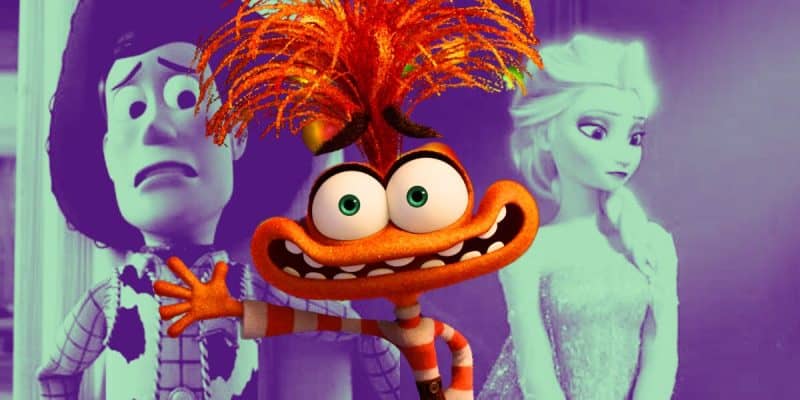 A colorful animated character with wild, spiky hair and a wide grin stands in the foreground. Behind, two more animated characters are visible: a distressed cowboy reminiscent of *Toy Story* and a regal woman with white-blond hair like from *Frozen*. The background is shaded in purple tones.