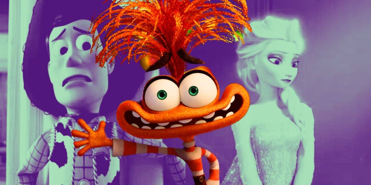 A colorful animated character with wild, spiky hair and a wide grin stands in the foreground. Behind, two more animated characters are visible: a distressed cowboy reminiscent of *Toy Story* and a regal woman with white-blond hair like from *Frozen*. The background is shaded in purple tones.
