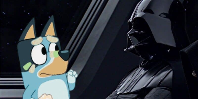 A cartoon dog character with blue fur and large eyes looks worriedly at a tall figure in black armor and a helmet, reminiscent of Star Wars' iconic villains, sitting inside a dark, futuristic room with a space backdrop visible through a large window. It feels like Bluey is stepping into an unexpected role.