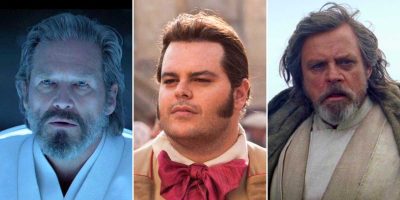 A composite image of three men in costumes. The man on the left has long gray hair and a beard, wearing a futuristic outfit with blue lighting. The man in the center, resembling classic Disney stars, has dark hair styled with sideburns, wearing an old-fashioned suit and cravat. The man on the right has gray hair and a beard, wearing a cloak-like garment with a concerned expression
