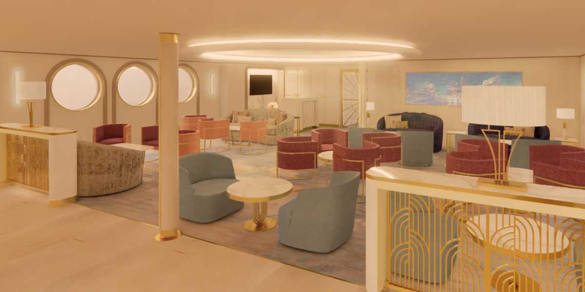 A luxurious lounge with modern furniture, including blue and red velvet chairs, and round tables. Circular windows line the curved wall on the left side. A large painting and flat-screen TV adorn the beige walls. Warm lighting adds a cozy ambiance to the spacious area, though guests disappointed by recent Disney updates may feel otherwise.