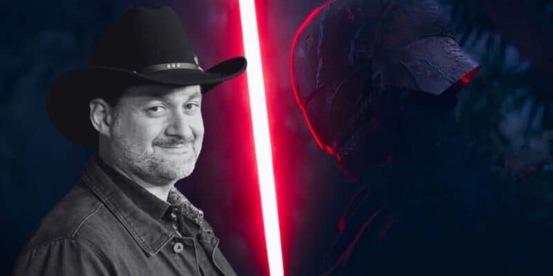 A man in a cowboy hat smiles at the camera on the left side of the image. To his right, The Acolyte, a dark armored figure with a red lightsaber, glows menacingly against a dark background, creating a striking contrast.