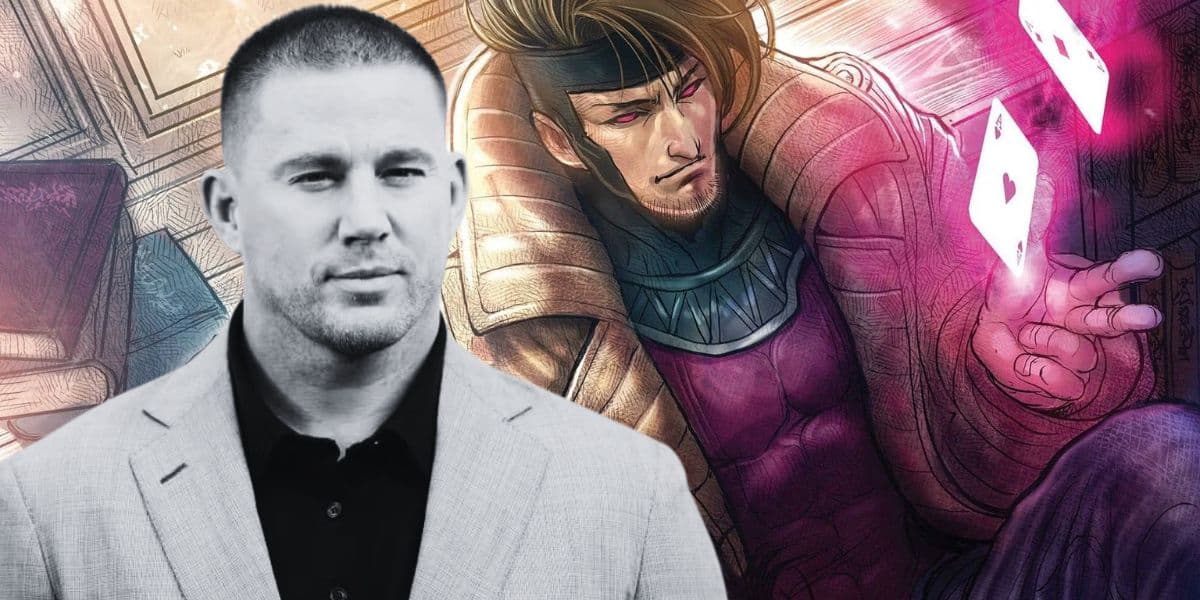 A grayscale photograph of a man in a suit is contrasted with a colorful comic-style illustration of Gambit, a superhero with glowing playing cards in his hand. The superhero has a rugged appearance, wearing a headband and a coat.