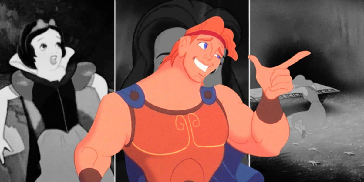 An illustration of a smiling, muscular male character wearing armor points his finger while looking cheerful. Behind him are grayscale images of an animated female character looking surprised and a softer drawing of a small animal, reflecting the evolving "Disney Future" in "Male Roles".