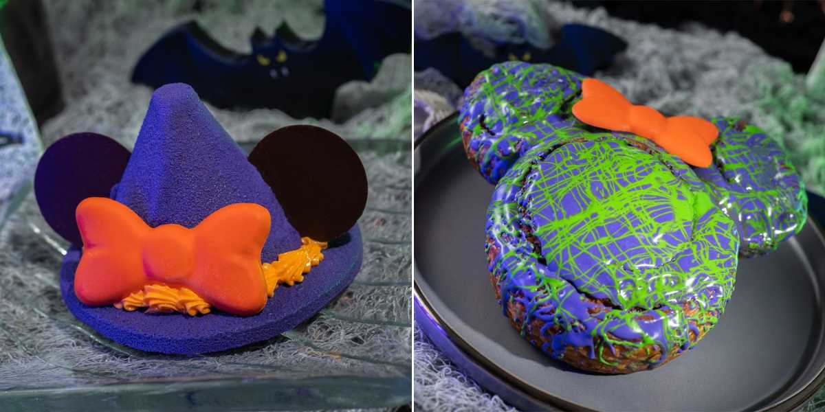 The image showcases two Halloween-themed desserts available at Mickey's Not-So-Scary Halloween Party. On the left is a treat shaped like a witch's hat in purple with black ears and an orange bow. On the right is a treat shaped like Minnie Mouse's head, decorated with purple icing, green drizzle, and an orange bow.