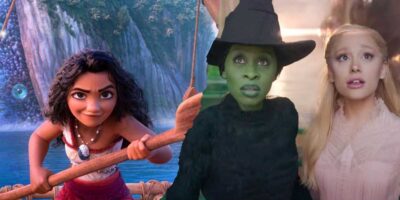 A digitally composed image showing Moana from Disney animated film holding an oar on the left, next to a scene depicting two characters from the musical "Wicked": one in green makeup as Elphaba, the Wicked Witch, and another with blonde hair as Glinda in Disney vs. Universal