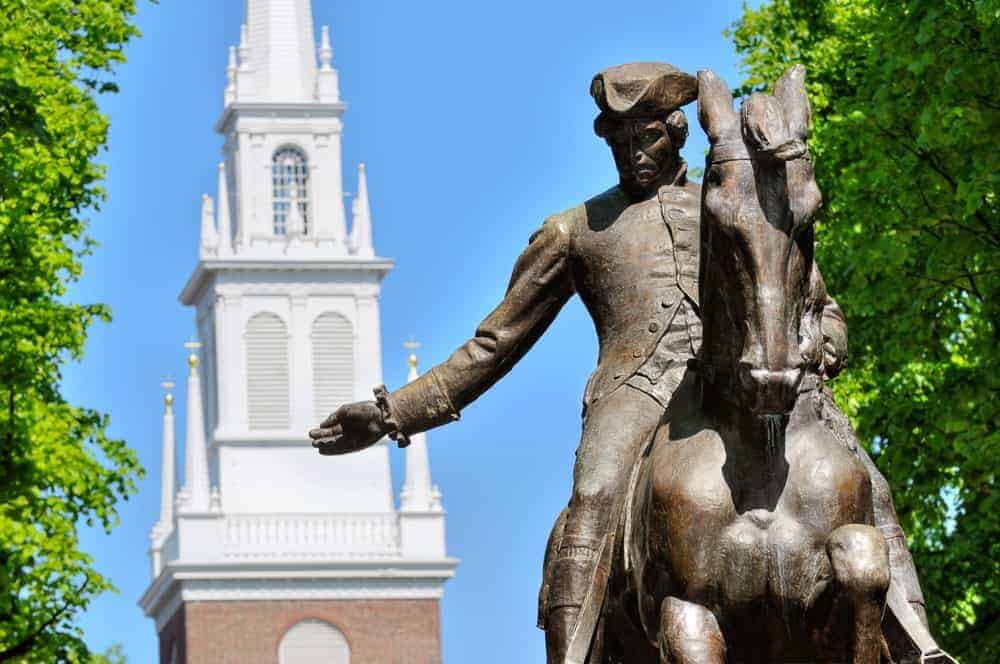 A bronze statue of Paul Revere outside the Old North Church in Boston