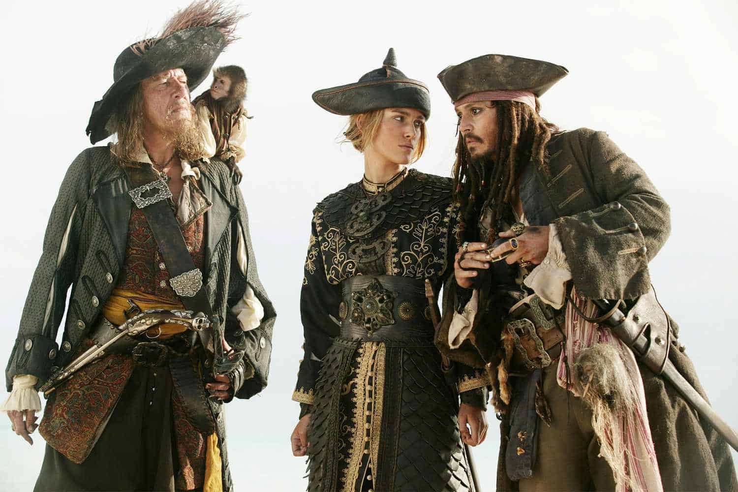 Geoffrey Rush as Captain Barbossa, Keira Knightley as Elizabeth Swann, and Johnny Depp as Captain Jack Sparrow in Pirates of the Caribbean