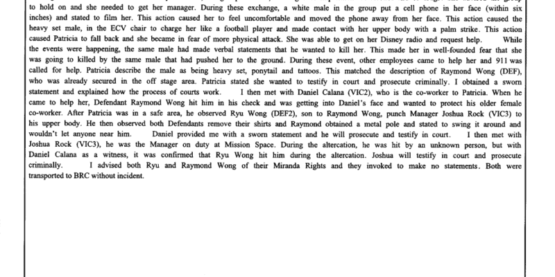 A typed ICJIS arrest affidavit from the Orange County Sheriff’s Office details an incident involving a suspect named Raymond Alex Wong, who was caught during EPCOT's notorious "Raymond Wong Runk." The document includes narrative, suspect details, and official endorsements with signatures and stamps from law enforcement officers.