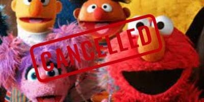 A group of colorful puppet characters from a popular children's show are in the background. Overlaid on the image is a bold red stamp that reads "CANCEL 'SESAME STREET'" in large letters, obscuring part of the characters, hinting at a controversial new Republican policy.