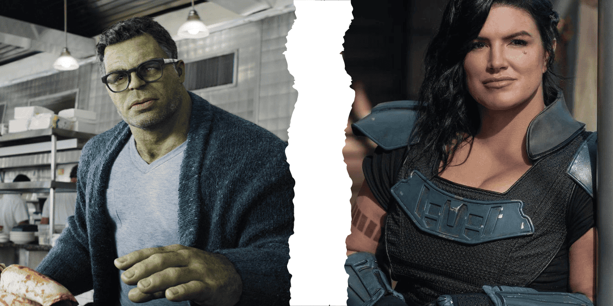 The image shows a composite picture with a torn effect in the middle. On the left is a male character with green skin, resembling Mark Ruffalo, glasses, and casual clothing, holding a piece of food. On the right is a woman in futuristic armor and dark hair, bearing a striking resemblance to Gina Carano, looking forward.
