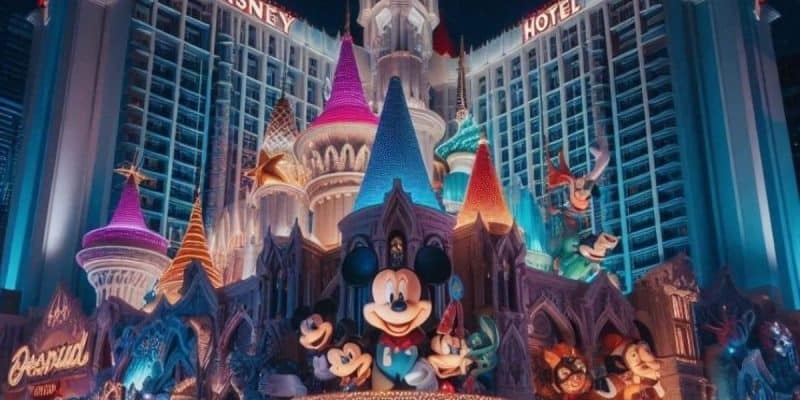 A night view of a Disney-themed hotel in Las Vegas features a large illuminated castle facade with colorful turrets and a prominent Mickey Mouse statue in the center. Various Disney characters and neon lights enhance the magical ambiance. "Disney" and "Hotel" signs are visible on the towers.