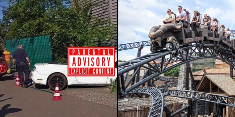 Split image featuring a car crash on the left, showing a white vehicle overturned beside the road with barriers and traffic cones, while emergency responders inspect the scene. Right side shows a roller coaster with a Harry Potter theme, filled with joyful riders unaware of the roller coaster accident nearby in Phantasialand Germany.