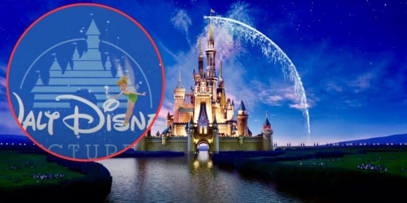 An enchanting castle is illuminated under a twilight sky, surrounded by tranquil water. The iconic Disney logo with a silhouette of Peter Pan and Tinker Bell flying is overlaid on the left side. Fireworks form an arc above the castle, adding to the magical atmosphere.