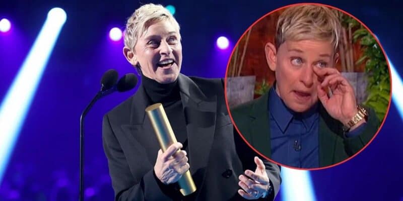 A person with short blonde hair stands on stage holding an award, smiling and speaking into a microphone with bright lights in the background. An inset shows the same person wiping a tear with their hand during their final goodbye as they are honored as a Disney Legend.