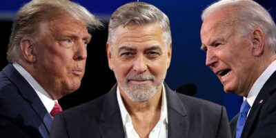 A collage featuring three individuals: on the left is a person with blond hair, in the center is a bearded person with gray hair dressed in a suit, and on the right is George Clooney, officially entering the presidential race while speaking into a microphone.