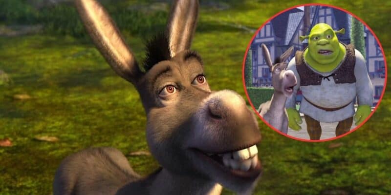 A smiling donkey stands in a grassy field, looking up with wide eyes. Superimposed in a circular frame is an image of the same donkey, now standing next to a large green ogre, with both characters appearing to be in conversation.
